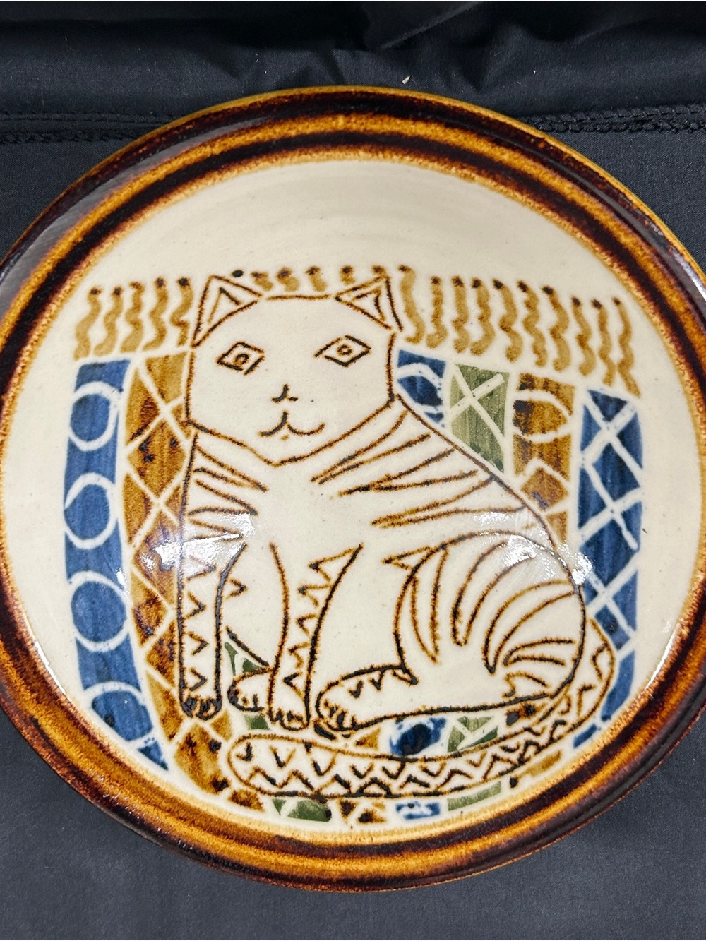 Vintage 1984 Studio Pottery Cat Bowl Handmade Folk Art Ceramic 7"